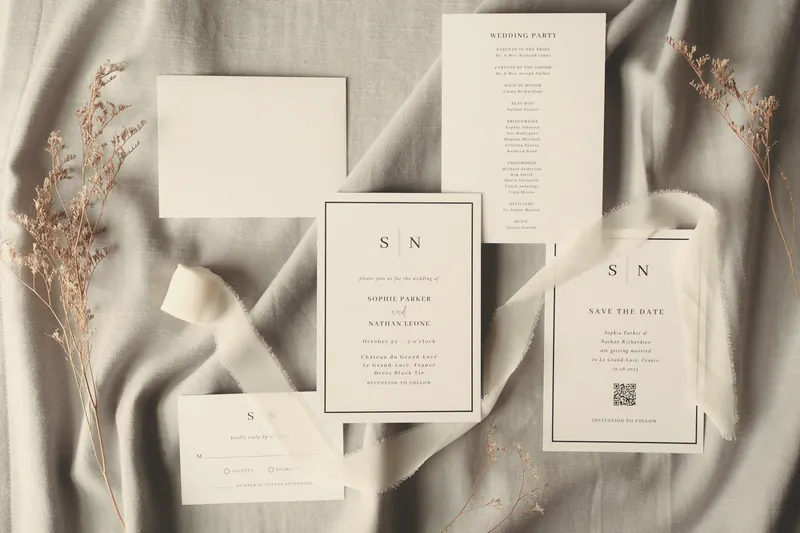 Juego de papelería de boda con cintas de seda