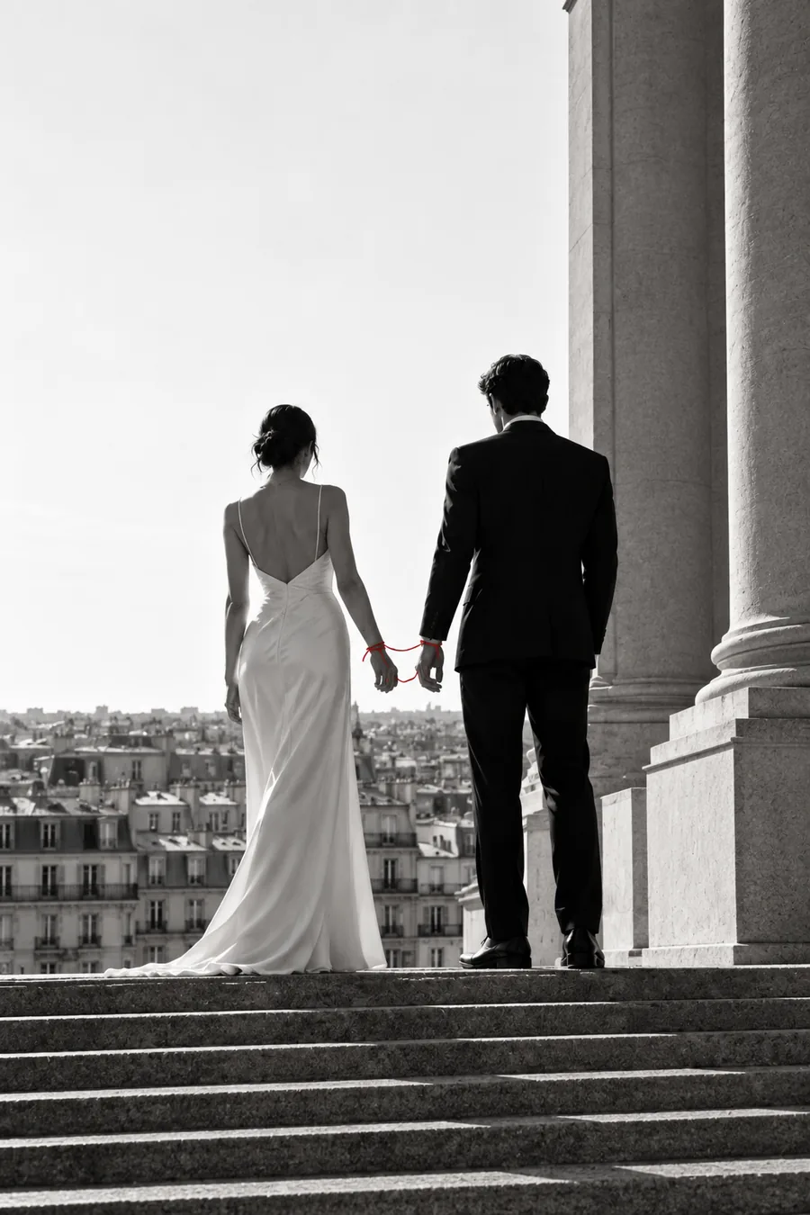 Invitación modelo Editorial: una pareja de espaldas, unida por un hilo rojo en las muñecas